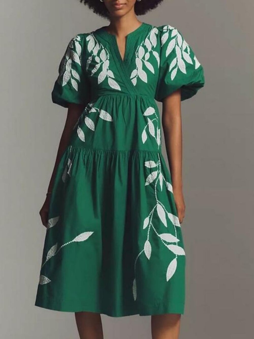 NEW Anthropologie Short-Sleeve Embroidered Appliqué Midi Dress SP NWT Green